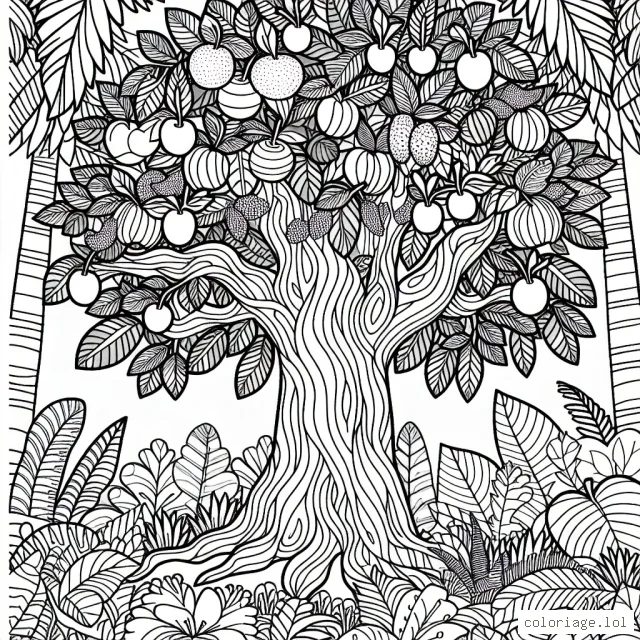 dessine un arbre magique avec des fruits exotiques dans une jungle luxuriante