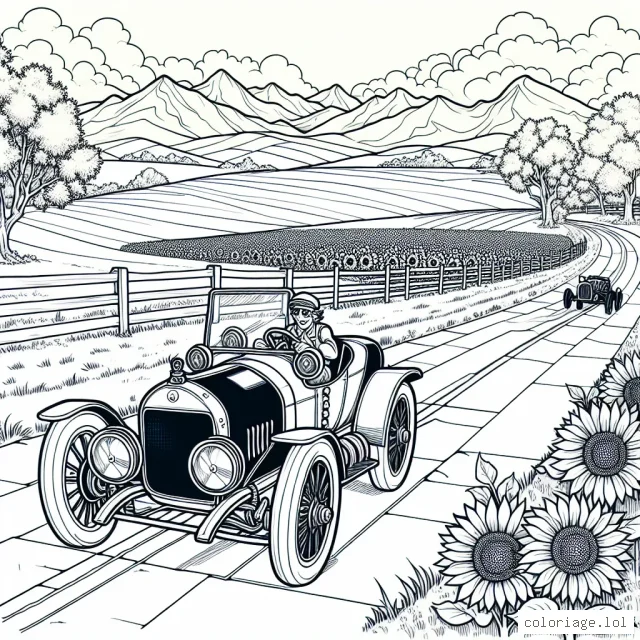Dessine une course pittoresque de voitures anciennes sur une route de campagne sinueuse, avec des montagnes au loin et un champ de tournesols sur le côté.