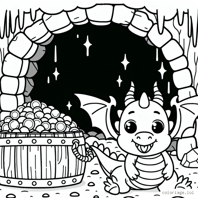 Dessine et colore un dragon protégeant son trésor dans son antre mystérieuse.