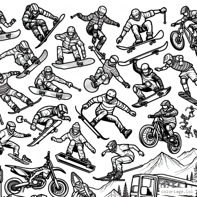 Imaginez un ensemble dynamique de différents sports extrêmes à colorier. Il présente des athlètes en action effectuant des cascades audacieuses dans diverses disciplines sportives extrêmes.