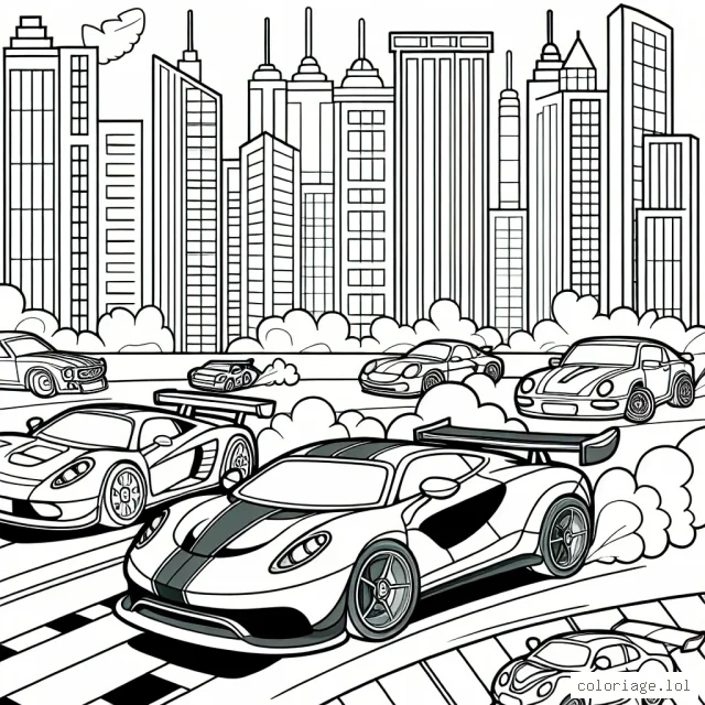 Un dessin représentant une course passionnante de voitures de sport dans la ville, avec des voitures de différentes formes et tailles. Les voitures ont de nombreuses couleurs lumineuses et se déplacent à grande vitesse. Il y a des bâtiments de ville dans le fond.