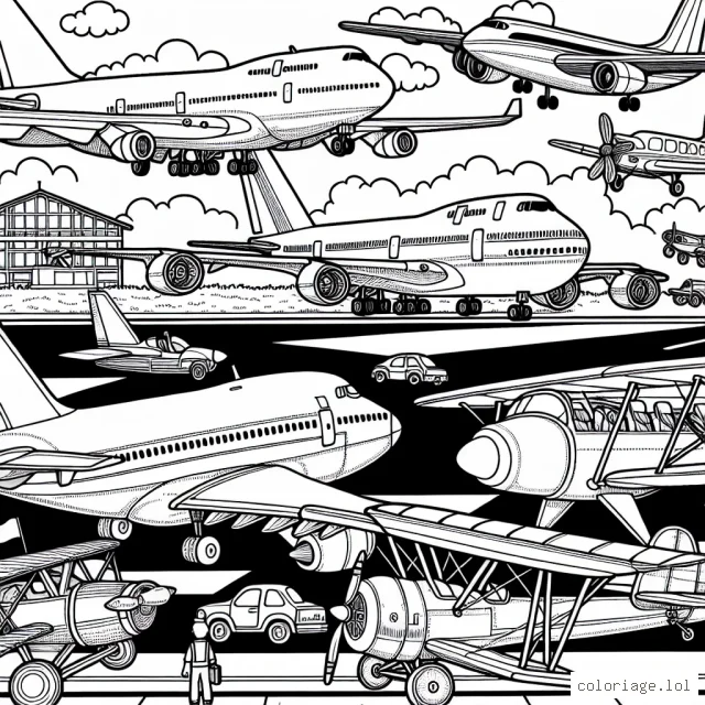 Sur la piste d'atterrissage, plusieurs types d'avions attendent leur tour pour décoller. Chaque avion est unique avec ses propres caractéristiques. On peut voir un jumbo jet massif, un avion de chasse élégant, un biplan vintage et un hélicoptère agile. De plus, toute l'équipe au sol qui aide les avions à décoller et à atterrir est également présente. L'activité foisonnante de l'aéroport est remplie de couleurs merveilleusement vives.