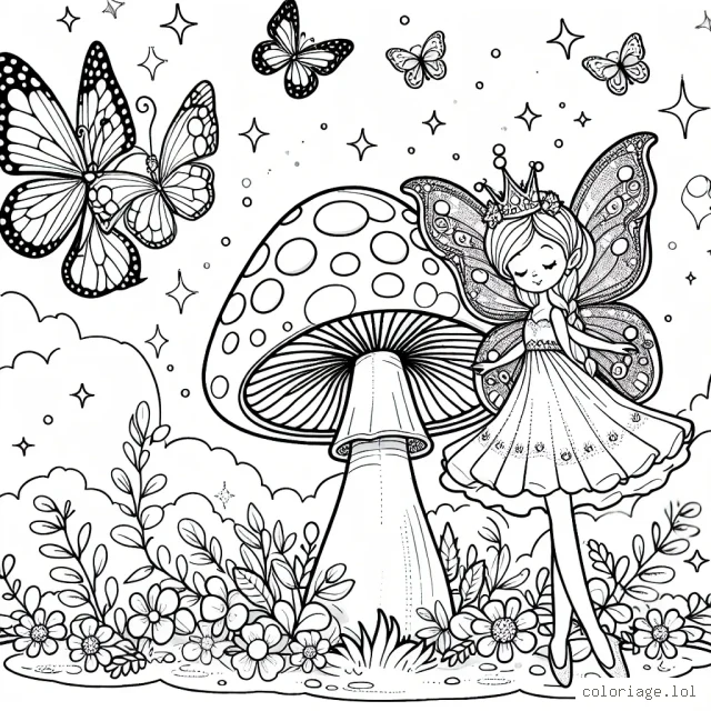 Une scène magique du royaume des fées où une fée majestueuse avec des ailes brillantes se tient près d'un champignon géant, tandis que des papillons colorés se rassemblent autour d'une fleur en éruption.
