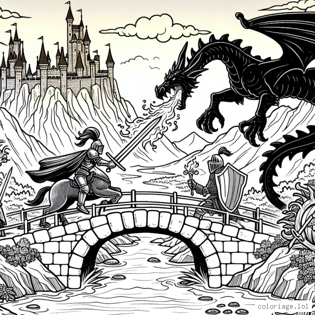 Dessine une scène épique avec un chevalier tenant un bouclier et une épée, qui affronte un dragon qui crache du feu sur un pont au-dessus d'une rivière de lave dans un paysage rocheux avec un château médiéval en arrière-plan.