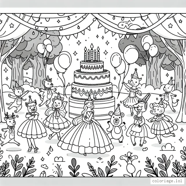 Dessinez une grande fête d'anniversaire dans la forêt enchantée avec des animaux qui dansent!