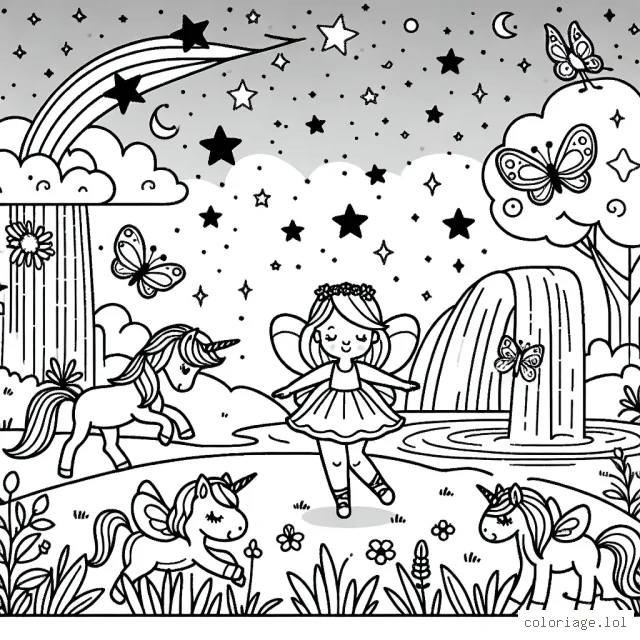 Une fée danse dans une prairie étoilée près d'une cascade, entourée de ses amies, les licornes, les papillons et les oiseaux chanteurs.