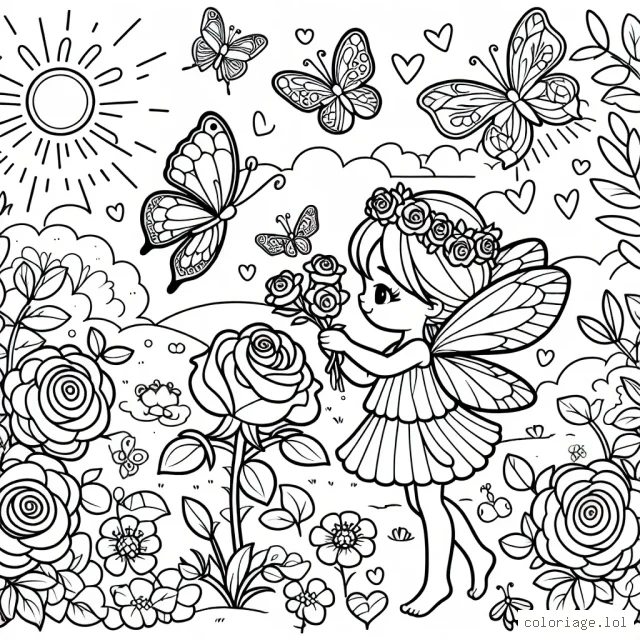 Sur une belle journée d'été baignée de soleil, une petite fée est en train de cueillir des roses dans son jardin enchanté peuplé de papillons multicolores et de créatures mignonnes et amicales.