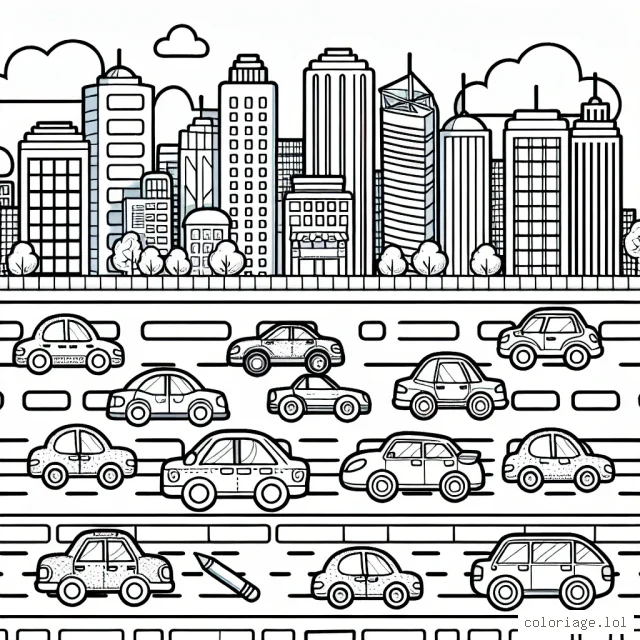 Dessinez une course de voitures colorées dans la ville animée, remplie de gratte-ciel, de magasins et de parcs.