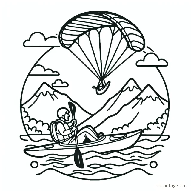 Dessinez un aventurier du sport extrême, naviguant dans un kayak de montagne déchaîné, alors qu'un parapentiste glisse majestueusement au-dessus de lui dans un ciel nuageux.