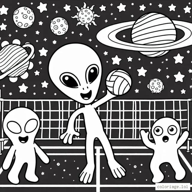 Dans l'espace, un extraterrestre sympathique joue au volley-ball avec ses amis, les astres !