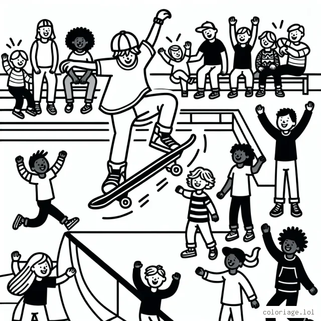 Dessinez un athlète effectuant une acrobatie audacieuse sur une planche de skateboard, avec un décor de parc à skate dynamique en arrière-plan. Incluez également de nombreux spectateurs qui encouragent l'athlète.