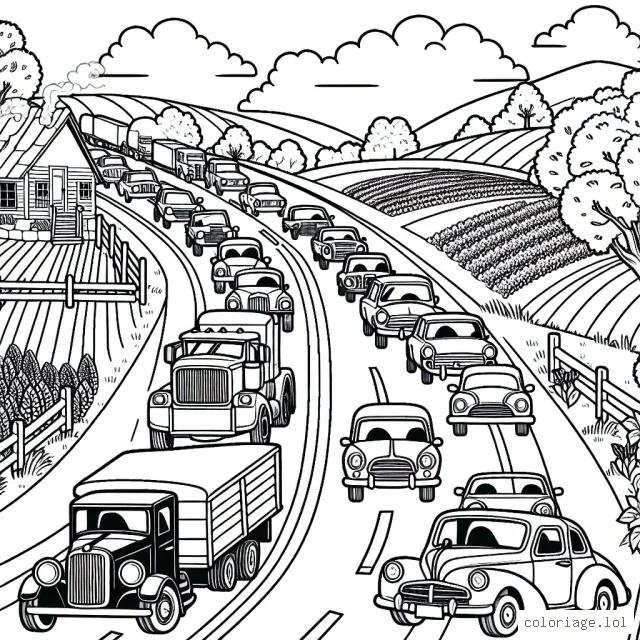 Un défilé de voitures de divers models et de différentes époques sur une route de campagne pittoresque, entourée de champs et de fermes.