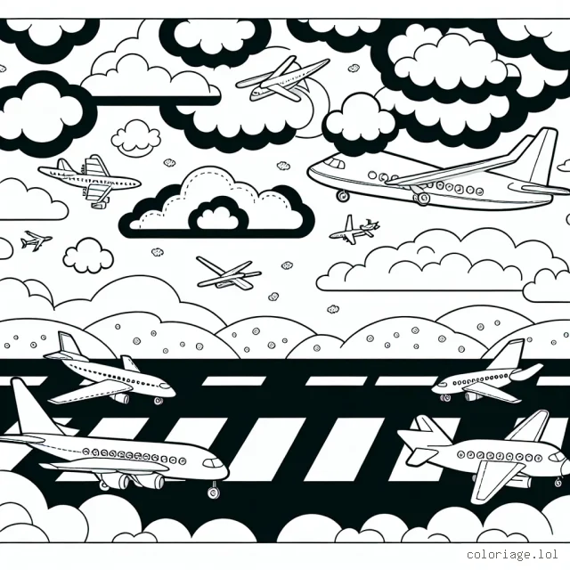 Quelques avions volent haut dans le ciel avec de multiples nuages éparpillés. Sur le sol, il y a une piste d'atterrissage avec des avions prêts à décoller. Créez votre propre vision colorée de cette scène aérienne fascinante.