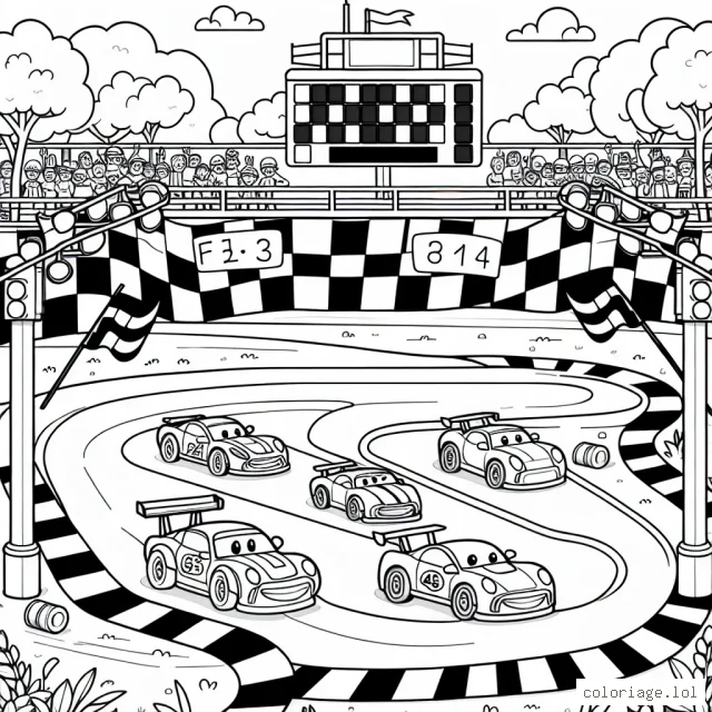 Dessine une scène de course de voitures animées, avec différents types de voitures, une piste de course, des panneaux, des arbres et un public en arrière-plan.