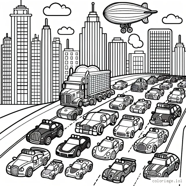 Un défilé de voitures multicolores se prépare dans la ville animée. Les voitures varient de toutes les formes et de toutes les tailles, des voitures de sport élégantes aux camions robustes, des taxis jaunes vifs aux voitures de police avec gyrophares. Un dirigeable plane au-dessus de la parade, les gratte-ciel en arrière-plan...