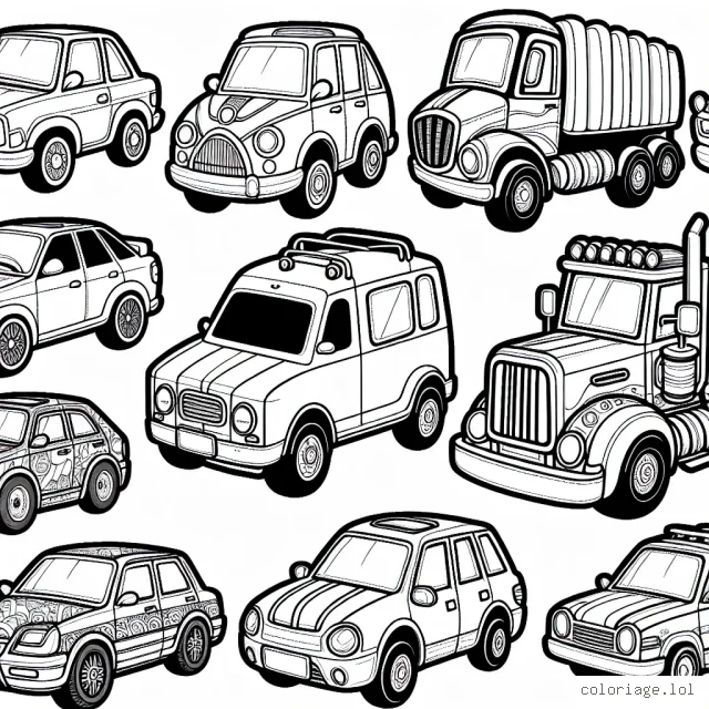 Dessine une collection diversifiée de voitures selon leur marque spécifique, décore chaque voiture avec des couleurs uniques et passionnantes pour rendre ta feuille de coloriage vraiment éclatante !