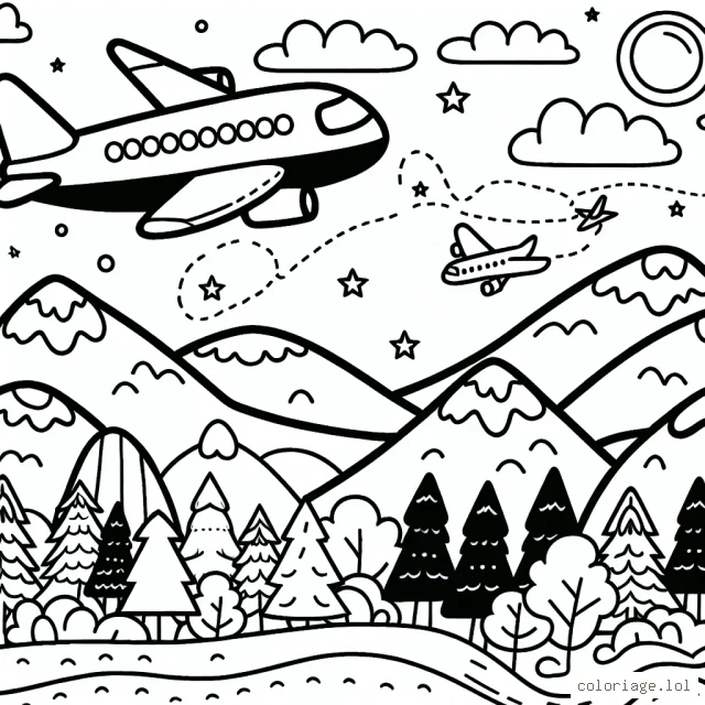Dessine un avion survolant un environnement rempli de montagnes et de forêts. Fais preuve de créativité pour décorer l'avion et l'environnement qui l'entoure.