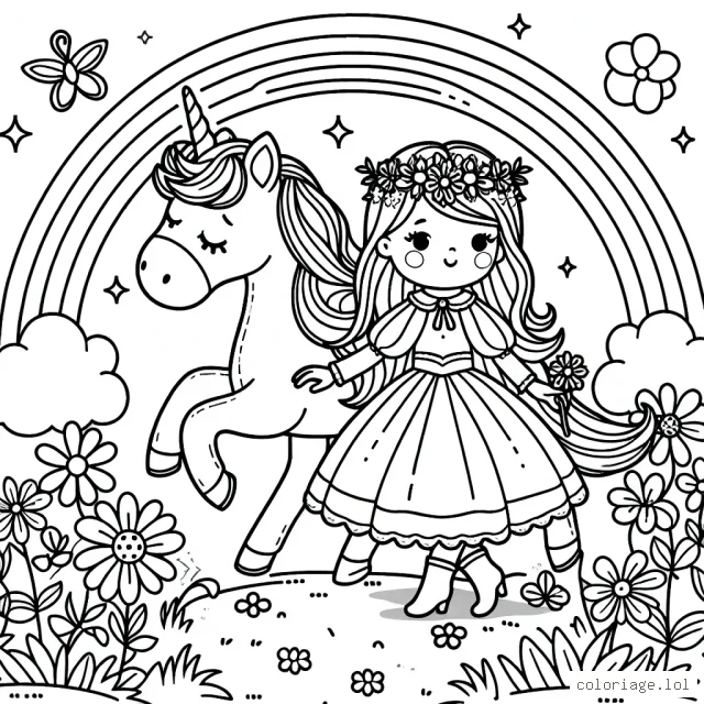 Une jeune princesse tenue par la main par une licorne magique, traverse un jardin fleuri sur un arc-en-ciel brillant.