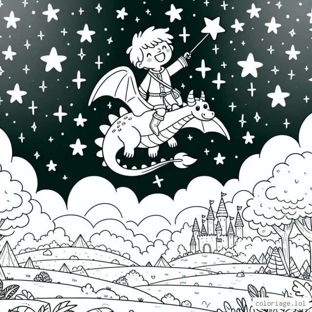 Un jeune prince s’élance joyeusement sur les dos de son fidèle dragon. Dans le ciel autour d'eux, des étoiles scintillantes attendent d'être colorées. Sur le sol loin en dessous, la forêt dense et le château royal ajoutent plus de détails à l'image.