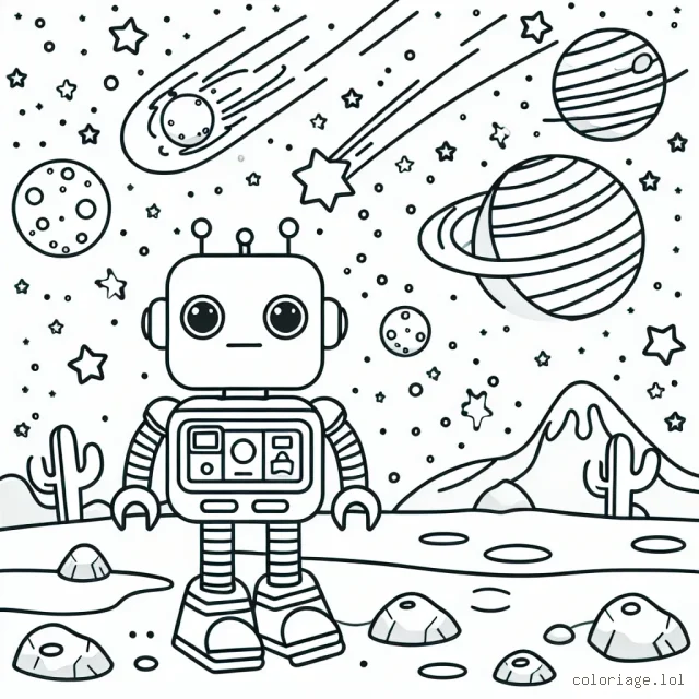 Un petit robot se promène sur une planète lointaine parmi les étoiles et les comètes