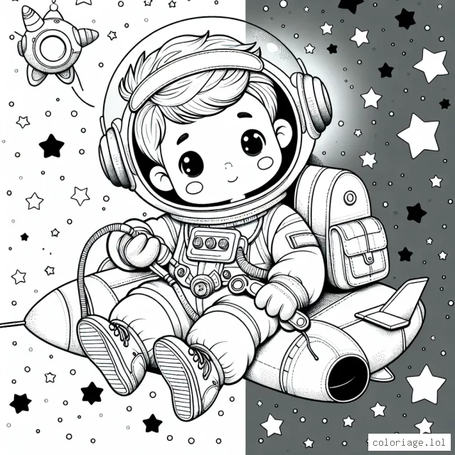 Un petit garçon astronaute flottant dans l'espace parmi les étoiles, tentant de réparer son vaisseau spatial avec sa trousse d'outils