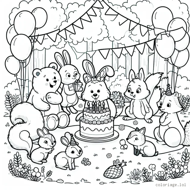 Un groupe d'animaux de la forêt organisant une fête d'anniversaire surprise pour leur ami, l'ecureuil. Ceci inclut des ours, des lapins, des renards et des oiseaux décorant une clairière avec des ballons, des banderoles et un gros gâteau d'anniversaire.