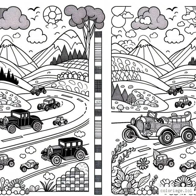 Dessine une course palpitante de voitures anciennes sur une route sinueuse en montagne. Place les voitures de différentes formes et tailles sur la route. Pense à inclure une variété de paysages naturels, comme des arbres, des fleurs et des rochers. Assure-toi également d'incorporer des éléments comme des nuages, le soleil ou la lune et des oiseaux dans le ciel. Ajoute une variété de motifs sur les voitures pour plus de détails et d'amusement.