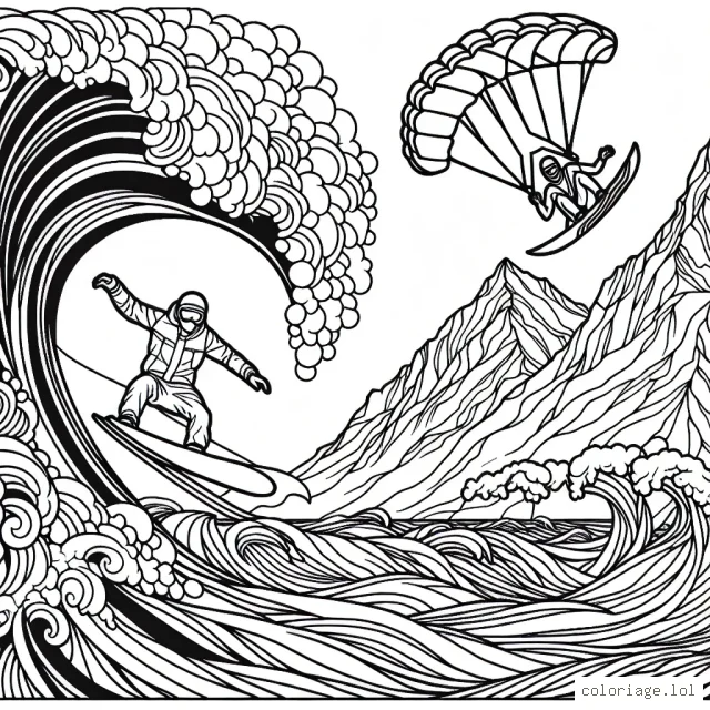 Trace les contours d'un skieur dévalant une imposante montagne, d'un surfeur domptant une vague gigantesque et d'un parachutiste en pleine chute libre. Ensuite, colorie chaque scène avec des couleurs vives et éclatantes.