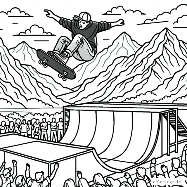 Un skateur exécutant un saut impressionnant au-dessus d'une rampe, avec des montagnes majestueuses en arrière-plan et des spectateurs ébahis autour.