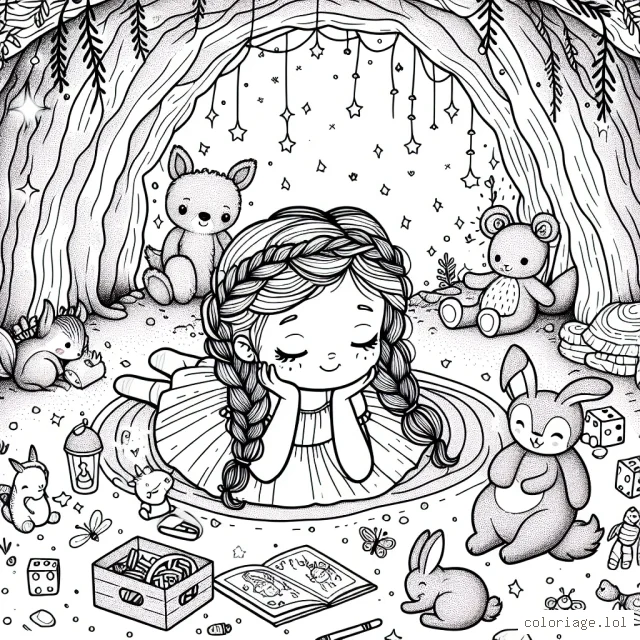 Une petite fille aux longues tresses joue tranquillement dans une grotte enchantée entourée de créatures forestières. Elle est assise sur son tapis de jeu favori avec des jouets et des livres autour d'elle. Il y a aussi des lucioles scintillantes qui flottent autour d'elle, ajoutant une touche magique à la scène.