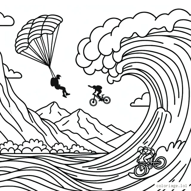 Dessine un parachutiste en plein saut, un vététiste sur une pente raide et un surfer sur une vague géante