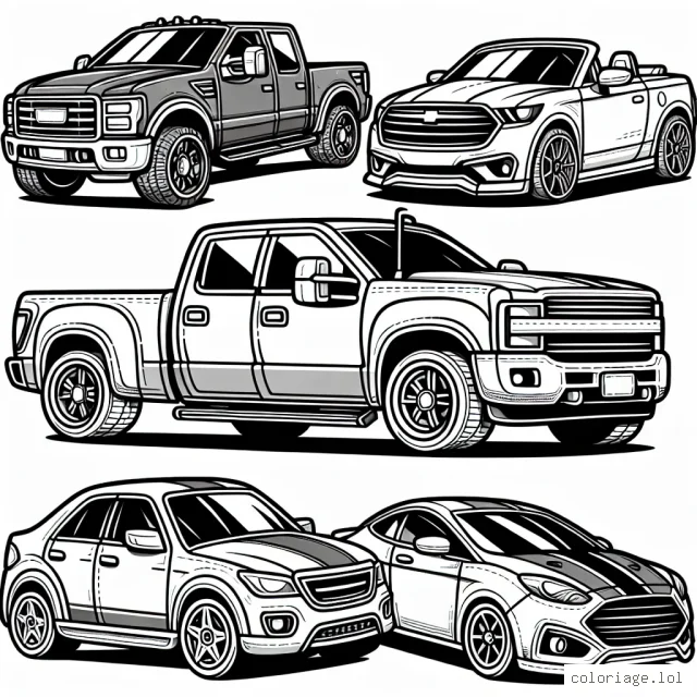 Imagine un coloriage présentant une variété de voitures par marques. Du robuste camion Mercedes-Benz au chic cabriolet de Porsche, en passant par la berline sportive de BMW. Chacune de ces voitures a un design unique. Donne-leur vie avec tes couleurs préférées.