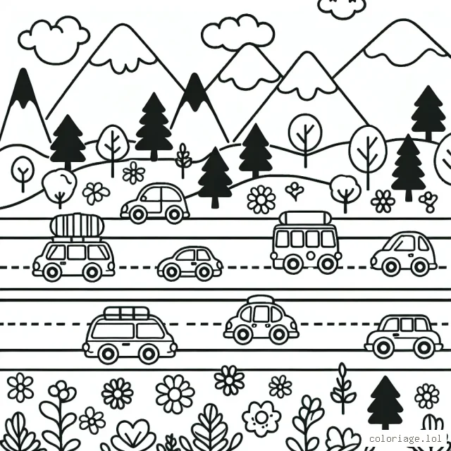 Un défilé de voitures variées sur une route pittoresque entourée de montagnes, d'arbres et de fleurs