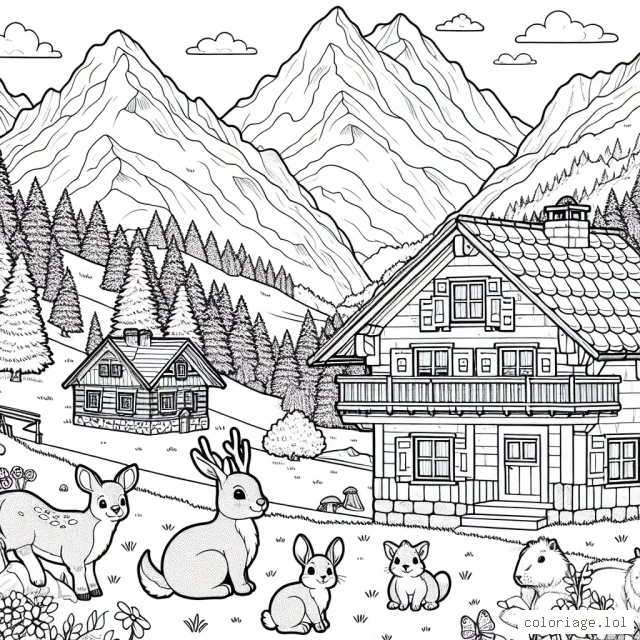 Une scène alpine avec des montagnes, un chalet et des animaux
