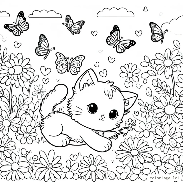 Un dessin montrant un petit chaton mignon jouant avec des papillons dans un champ fleuri.