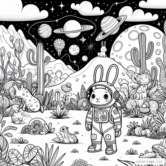 une scène très détaillée où un lapin astronaute explore une planète étrange peuplée d'aliens amicaux et d'une faune incroyablement diversifiée