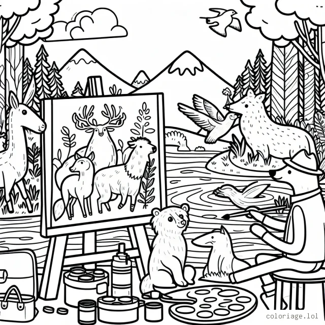 Imagine un peintre qui utilise 5 animaux différents pour peindre une belle nature sauvage
