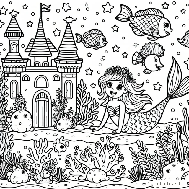 Imagine un univers sous-marin magique avec des créatures marines souriantes, un château de corail, des poissons colorés et une petite sirène amicale!