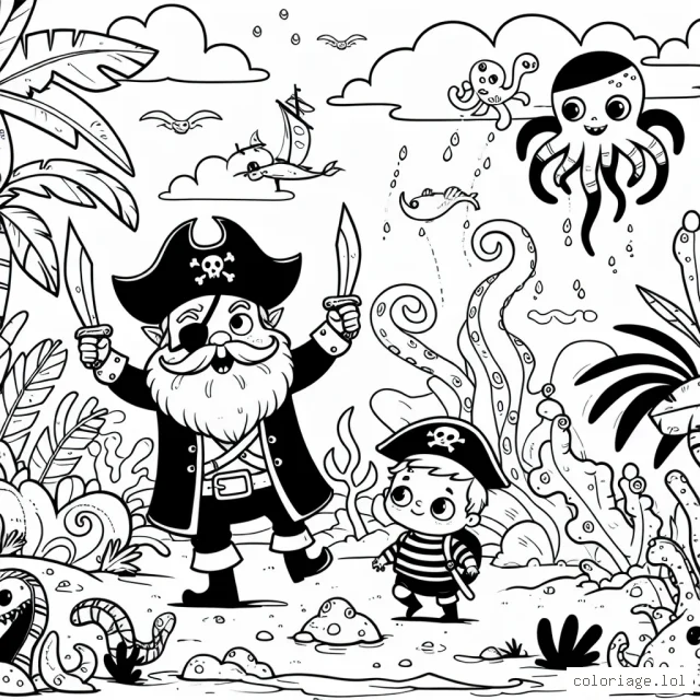 Un pirate courageux explorant une mystérieuse île aux trésors, remplie de créatures étranges et de plantes exotiques.