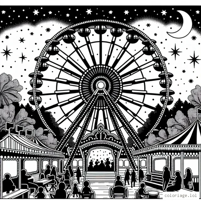Une grande roue lumineuse au milieu d'une fête foraine animée