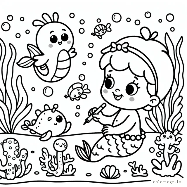 Imagine une scène où une petite sirène se conversation amicalement avec des créatures océaniques sous la mer