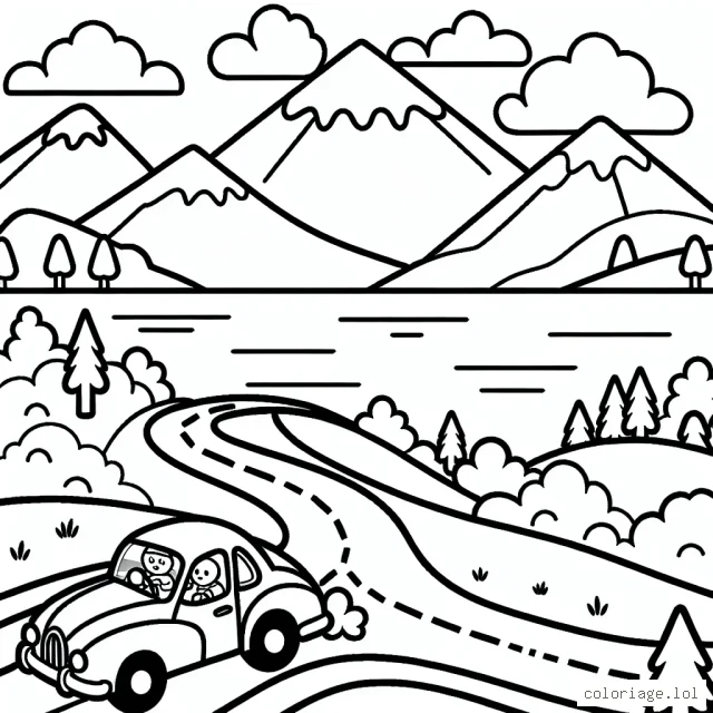 Dessine une course de voitures animées sur une route sinueuse, entourée de montagnes, de lacs et de forêts