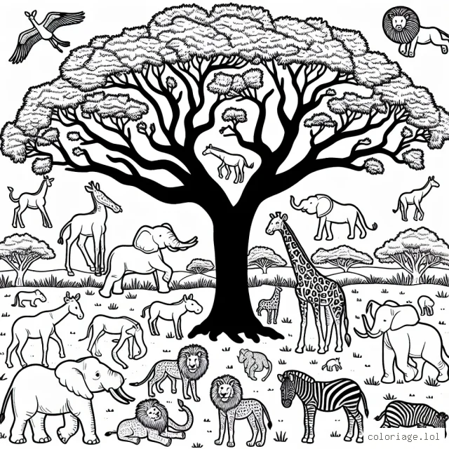 Les animaux de la savane réunis autour d'un arbre majestueux