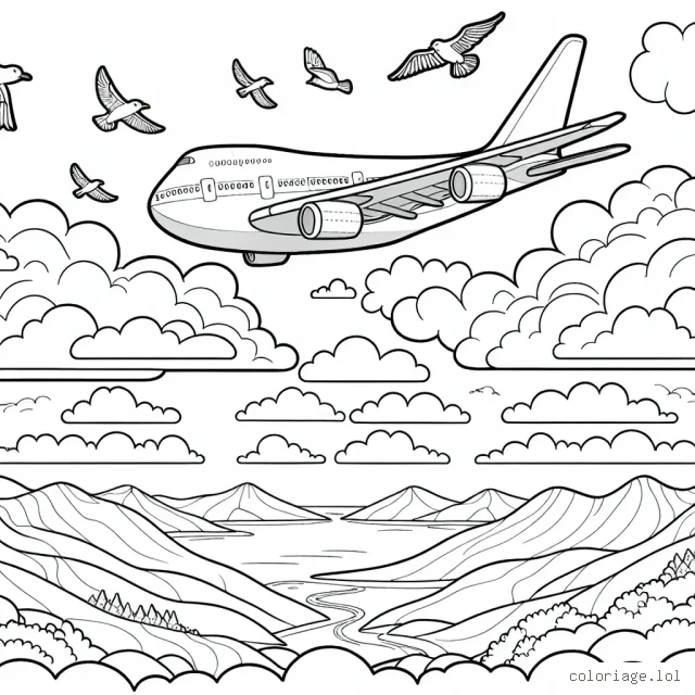Imagine un grand avion s'envolant au-dessus des nuages, volant à coté d'oiseaux. L'avion est orné de belles décorations de toutes les couleurs. Le ciel est orné de magnifiques nuages blancs au milieu d'un ciel bleu. Dessous, il y a une belle vue à couper le souffle de la terre, avec des collines verdoyantes et des lacs étincelants.