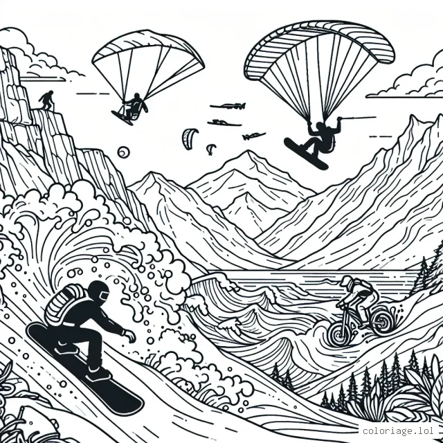 Imaginons une scène d'adrénaline et d'action qui illustre différentes formes de sports extrêmes. Une personne fait du snowboard sur une piste glacée et raide, tandis qu'une autre fait de l'escalade libre sur un énorme rocher. Au loin, vous pouvez voir un parapentiste dans le ciel clair et une personne faisant du VTT sur un sentier de montagne accidenté. Il y a aussi un surfeur qui est en train de chevaucher une vague énorme dans l'océan.