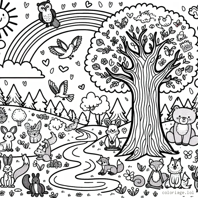 Imagine un paysage extraordinaire rempli d'animaux mignons de la forêt avec un grand chêne ancien au centre. Les animaux comprennent des écureuils, des lapins, des oiseaux et des renards. Fais participer la famille des ours également. Ajoute un ruisseau sinueux qui traverse la scène et un arc-en-ciel lumineux dans le ciel. N'oublie pas le soleil souriant et les nuages douillets!