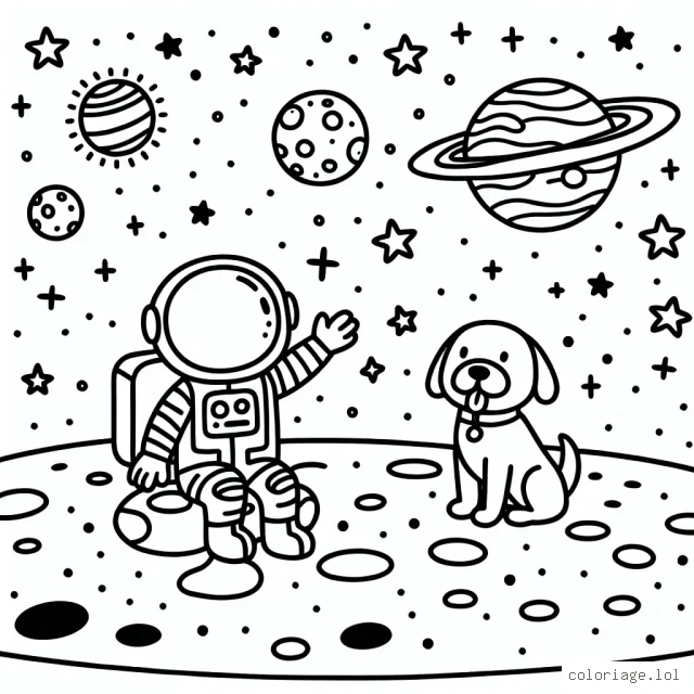 Un astronaute joue avec son chien spatial sur la Lune, entouré d'étoiles scintillantes et de planètes lointaines.