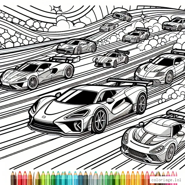 Dans ce magnifique dessin à colorier, nous voyons une course de voitures incroyable et colorée. Il y a plusieurs voitures de sport, chacune avec son propre design autonome. Certaines voitures sont en mouvement, créant l'illusion de vitesse, tandis que d'autres sont garées à côté du parcours, attendant leur tour pour démarrer la course.