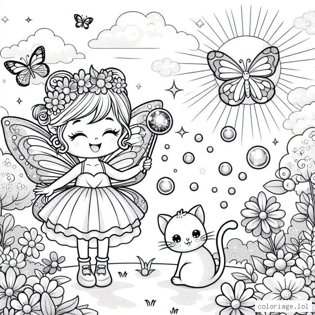 Une petite fée qui joue avec un chaton dans un jardin fleuri, une baguette magique scintillant dans une main et une petite éponge à bulles dans l'autre. Le ciel prend des couleurs pastel pour montrer le lever du soleil alors que des papillons dansent autour d'elle.