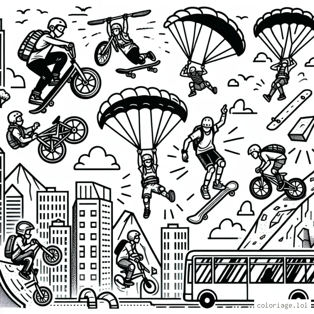 Dessine un parcours de sports extrêmes dans une ville animée, avec des skateurs effectuant des figures impressionnantes, des cyclistes de BMX sautant des rampes, des parapentistes volant à travers le ciel, et des grimpeurs escaladant des immeubles.